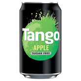 A 330ml can of Tango Apple Sugar Free features bold white and yellow text and a green splash graphic on the black packaging.